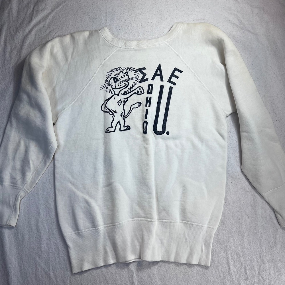 Vintage Sigma Alpha Epsilon SAE Ohio U Lion Raglan Sweatshirt White Large
